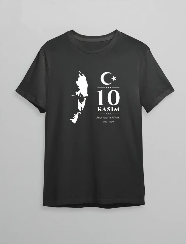 10 Kasım Atatürk Anma Günü Silüet Baskılı Oversize Bisiklet Yaka T-shirt - Siyah