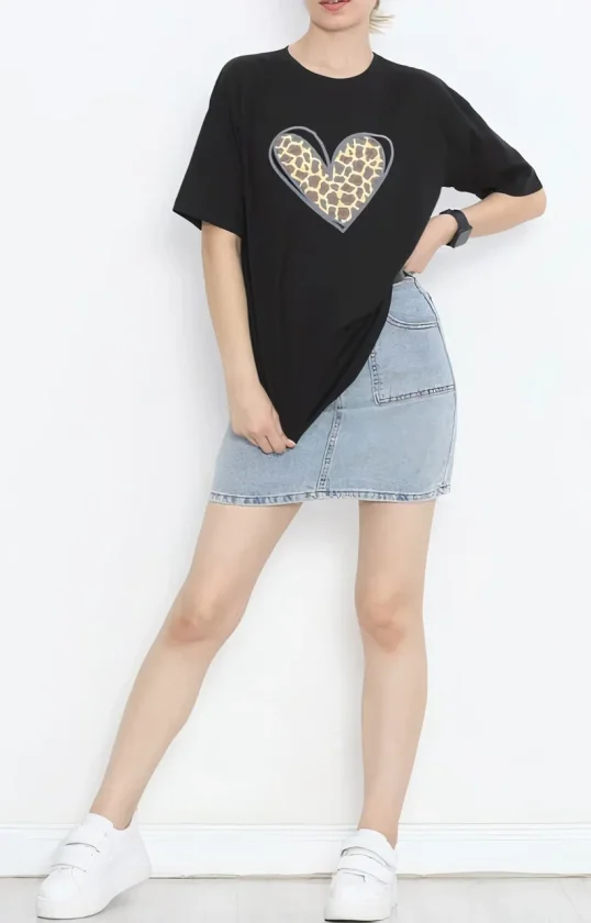 14 Şubat Sevgililer Günü Leopar Kalp Baskılı Oversize Bisiklet Yaka T-shirt