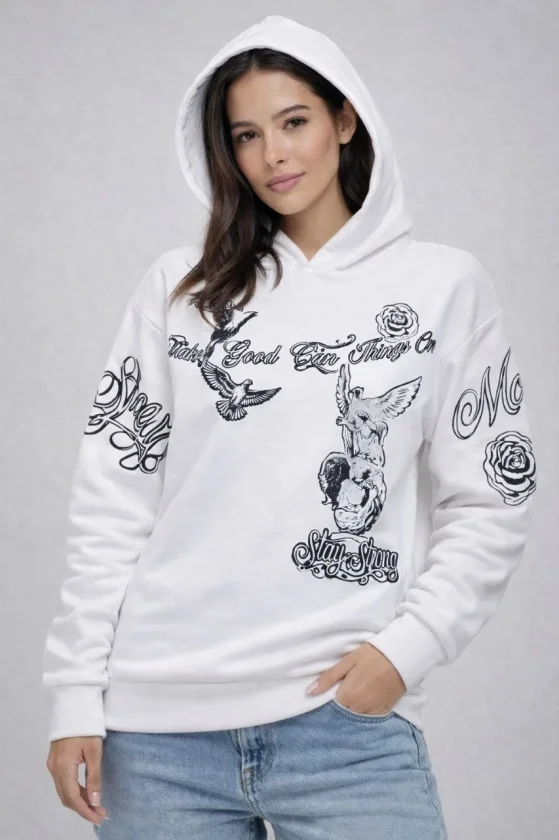 3 İplik Pamuklu Kapüşonlu Baskılı SweatShirt Hoodie
