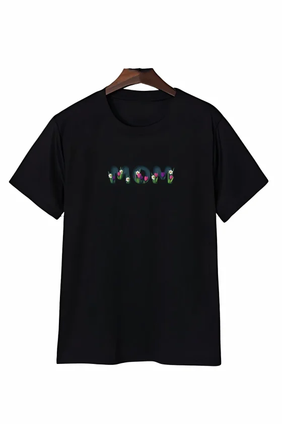 Anneler Günü Mom Çiçek Temalı Baskılı Oversize Bisiklet Yaka T-shirt