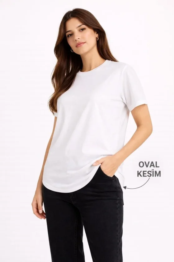 Basic T-Shirt Kısa Kol Bisiklet Yaka Oval Kesim Tişört - Beyaz