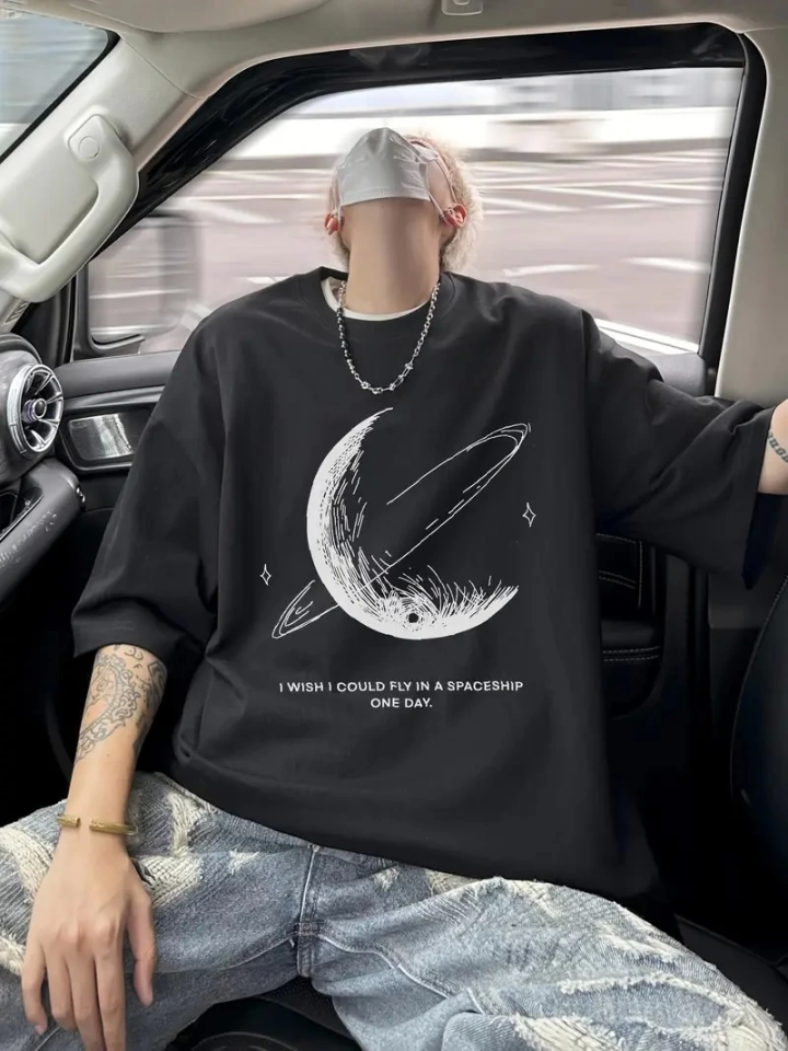 Baskılı Oversize Bisiklet Yaka T-shirt - Siyah