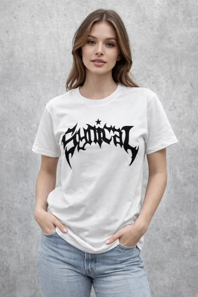 Bisiklet Yaka Ön Baskılı Kısa Kollu Tişört Streetwear Günlük Basic Pamuklu T-shirt - Beyaz