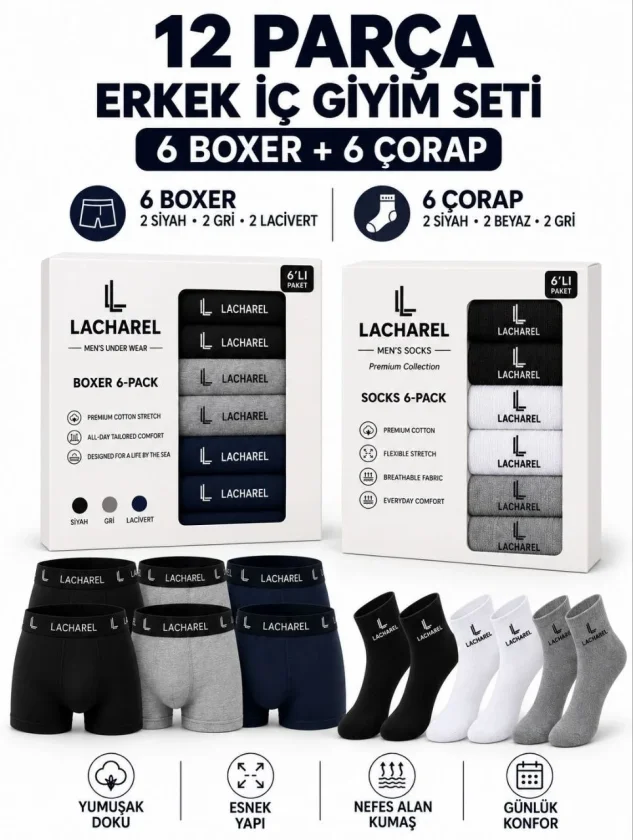 Erkek 12li İç Giyim Seti Pamuklu 6 Boxer 6 Çorap Çoklu Paket - Siyah - Lacivert - Gri