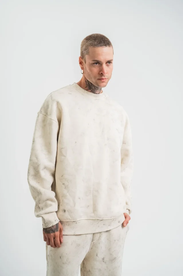 Erkek 3 İplik Pamuklu Yağ Yıkamalı Sweatshirt Double Oversize Bisiklet Yaka Uzun Kol