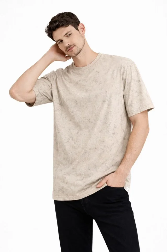 Erkek Asit Yıkama Bisiklet Yaka Kısa Kollu Oversize T-Shirt Tişört - Bej