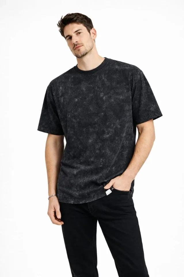 Erkek Asit Yıkama Bisiklet Yaka Kısa Kollu Oversize T-Shirt Tişört