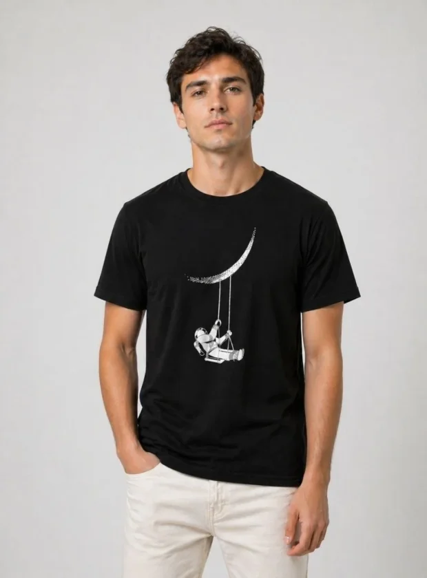Erkek Astronot Ay Temalı Tişört Kısa Kol Yazlık Bisiklet Yaka T-Shirt