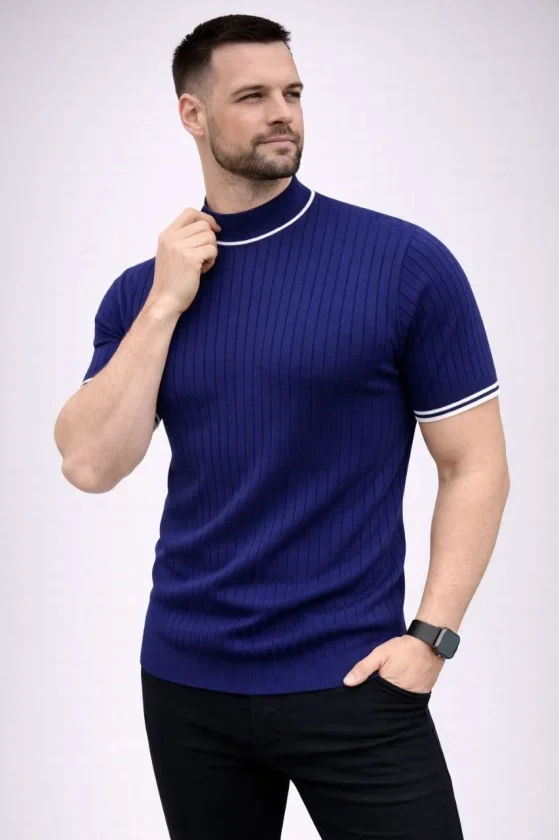 Erkek Fitilli Triko Dokuma Kısa Kol Tişört Yarım Boğaz Modern Yazlık T-Shirt