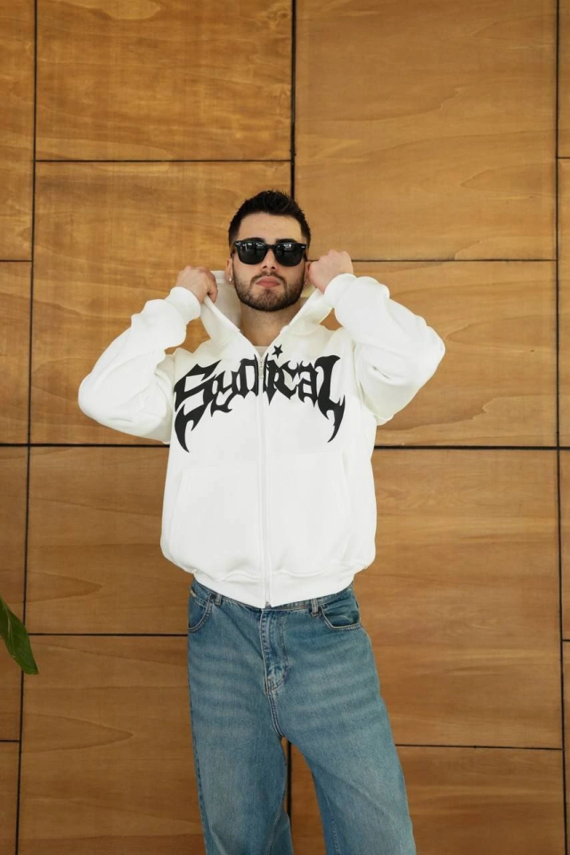 Erkek Kapüşonlu Sweatshirt Hoodie 3 İplik Şardonlu Pamuklu Kumaş, Önü Baskılı, Fermuarlı Rahat Kalıp, Kışlık Ve Sokak Stili Sweat