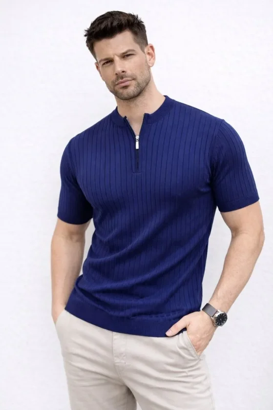 Erkek Kısa Kol Fitilli Triko T-Shirt Yazlık Hakim Yaka Tişört