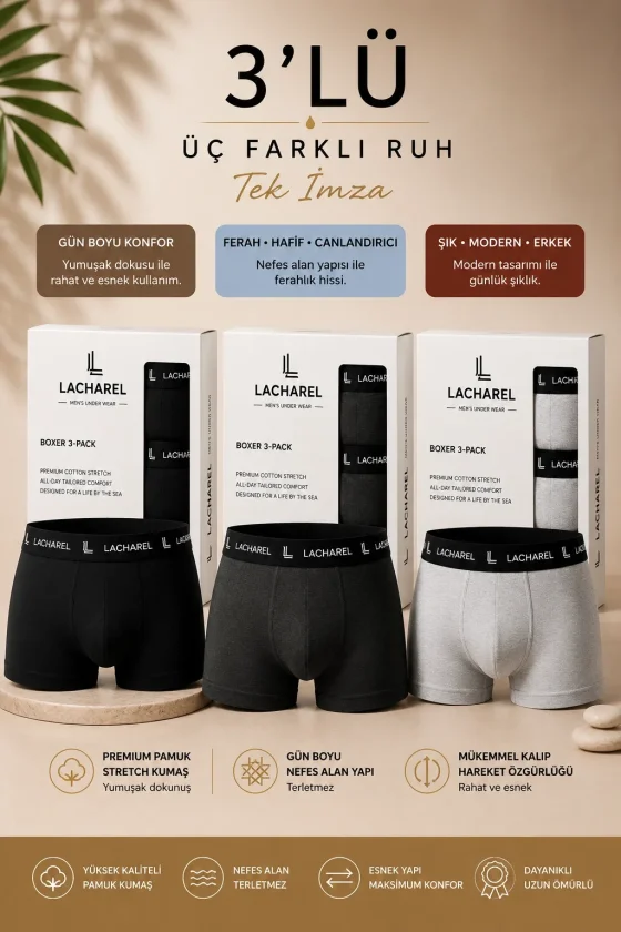 Erkek Likralı Pamuklu Nefes Alan Penye Boxer3Lü Paket - Siyah - Füme