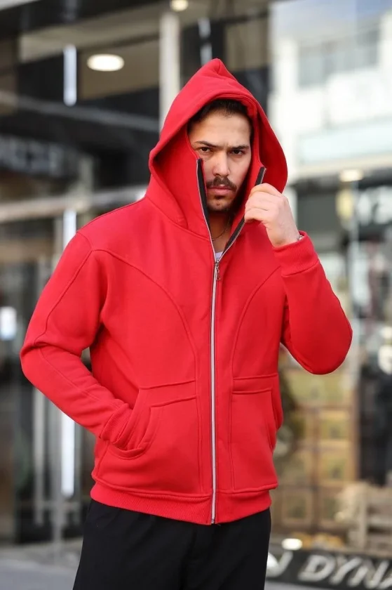 Erkek Maskeli Ninja Model Çift Kapüşonlu 3 İplik Şardonlu Fermuarlı Sweatshirt