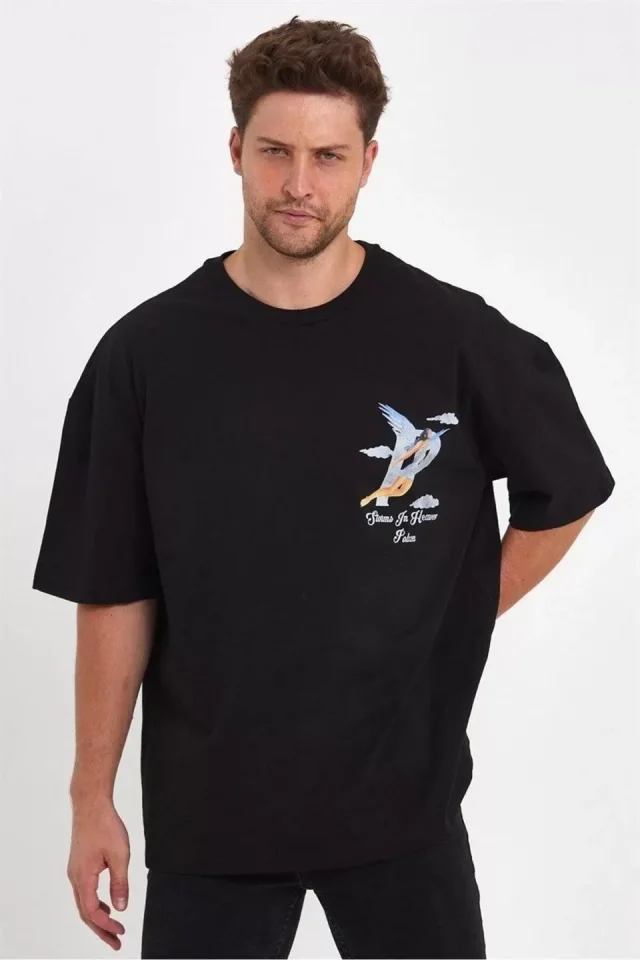 Erkek Melek Baskılı Oversize T-shirt
