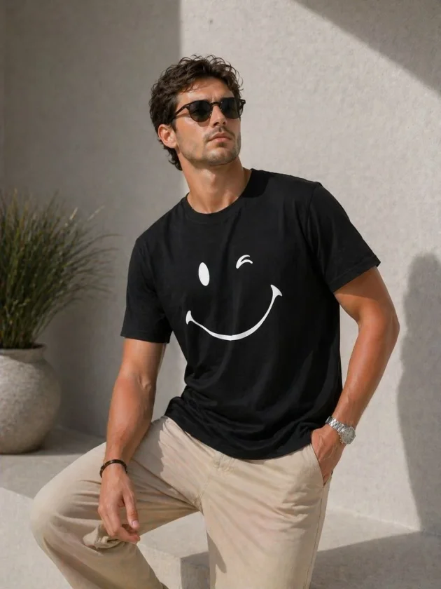 Erkek Minimal Gülümseyen Yüz Baskılı Tişört Kısa Kol Yazlık T-Shirt