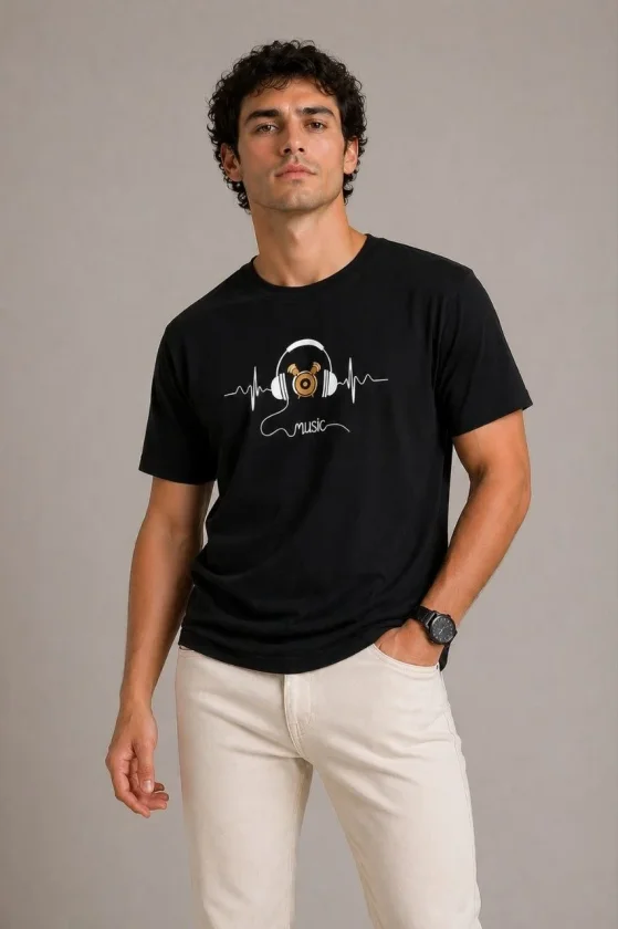 Erkek Müzik Temalı Baskılı Tişört Bisiklet Yaka Kısa Kol T-Shirt