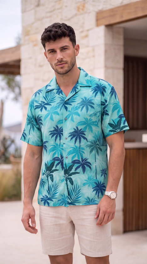 Erkek Palmiye Desenli Yarım Oversize Kısa Kollu Hawai Gömlek