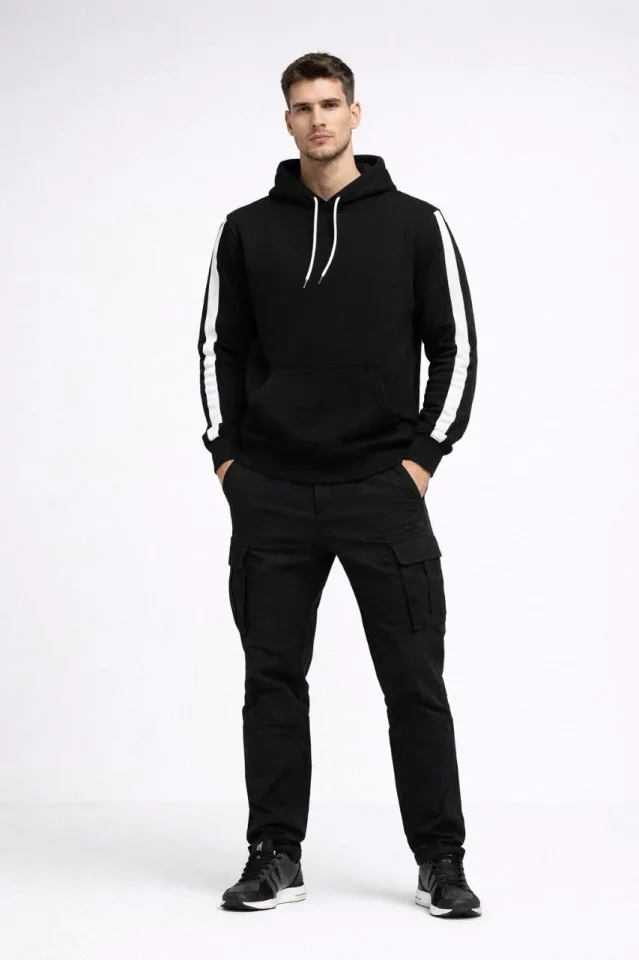 Erkek Şeritli Kapüşonlu Sweatshirt Oversize 3 Iplik Pamuklu - Siyah
