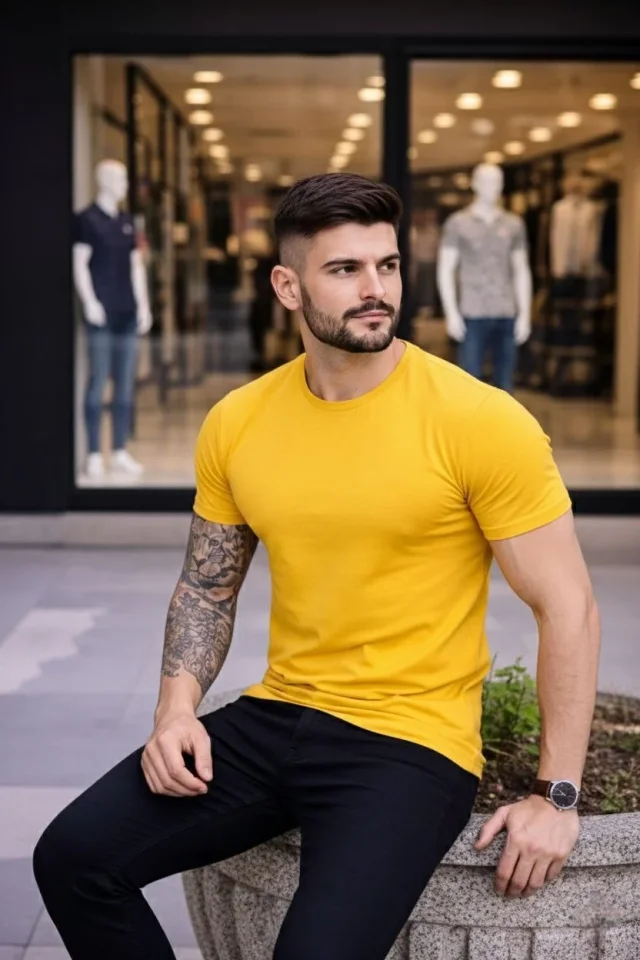 Erkek T-Shirt Bisiklet Yaka Slim Fit Dar Kesim Likralı Tişört Günlük Basic Body