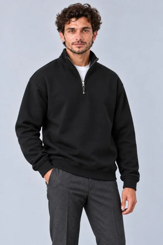Erkek Üç İplik İçi Şardonlu Dik Yaka Yarım Fermuarlı Kışlık Sweatshirt - Siyah