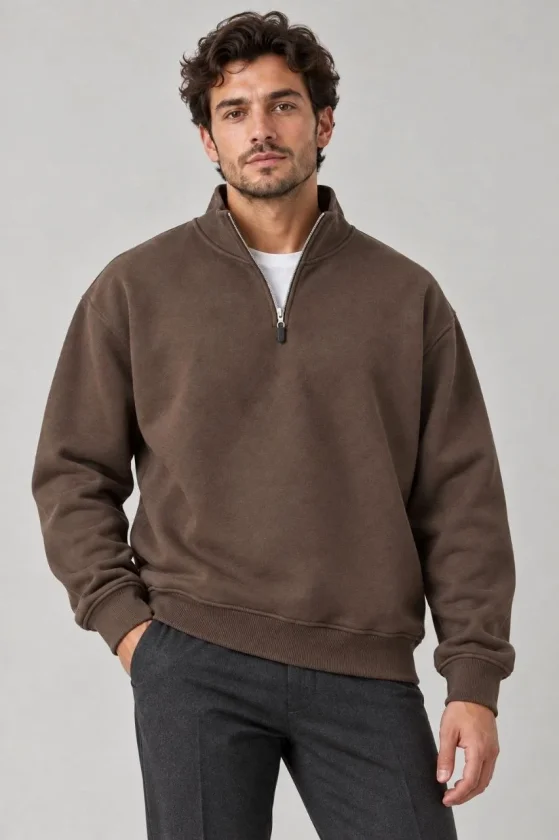 Erkek Üç İplik İçi Şardonlu Dik Yaka Yarım Fermuarlı Kışlık Sweatshirt - Kahverengi