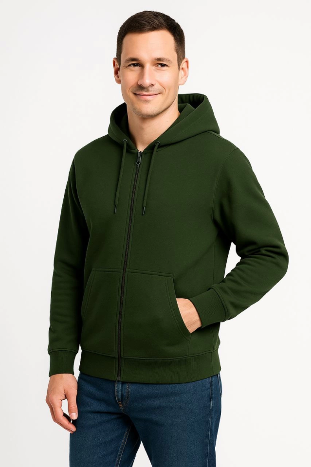 Erkek Üç İplik Kapüşonlu Tam Fermuarlı Kanguru Çepli SweatShirt Hoodie - Haki