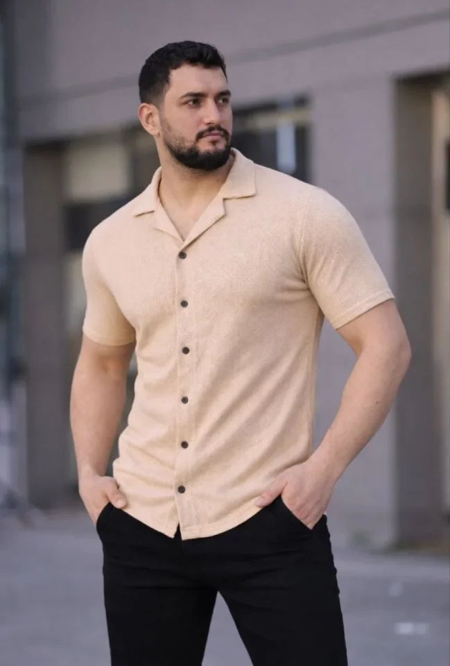 Erkek Waffle Kumaş Kısa Kollu Düğmeli Açık Yaka Regular Fit Gömlek