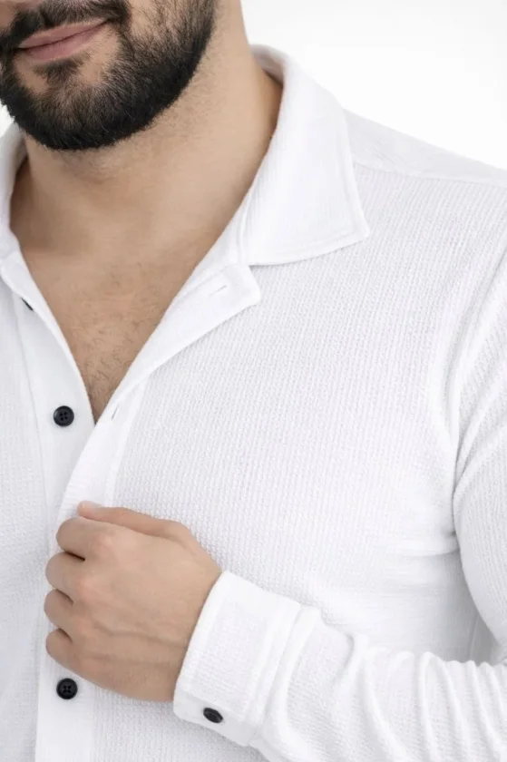 Erkek Waffle Kumaş Uzun Kollu Düğmeli Açık Yaka Regular Fit Gömlek