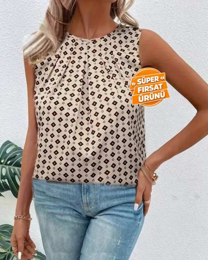 Kadın Askılı Yuvarlak Yakalı Desenli Süprem Bluz