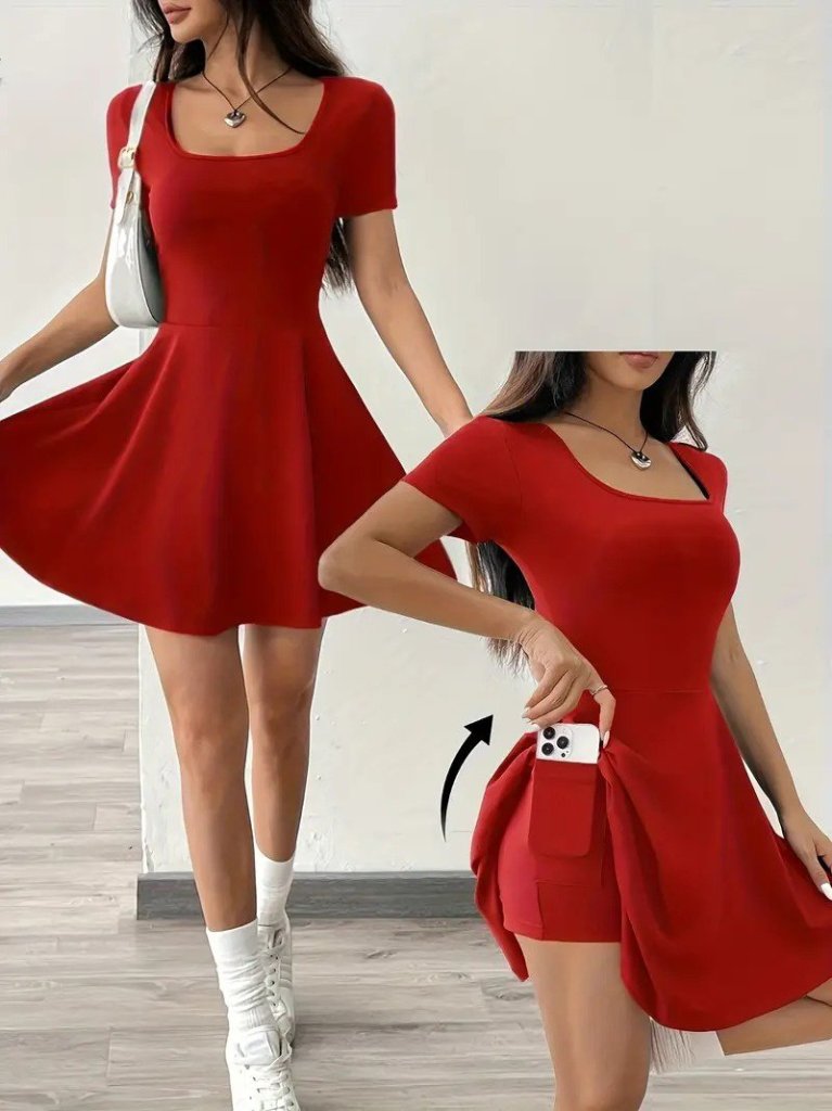 Kadın Kısa Kollu Kare Yaka Short Detaylı Cepli Dalgıç Elbise