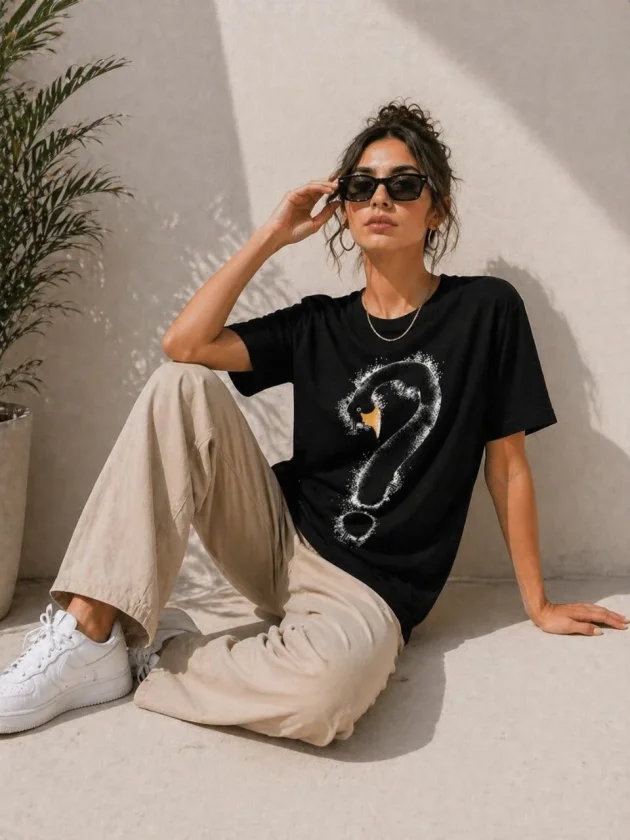Kuğu Figürlü Soru İşareti Baskılı Tişört Kısa Kol T-Shirt