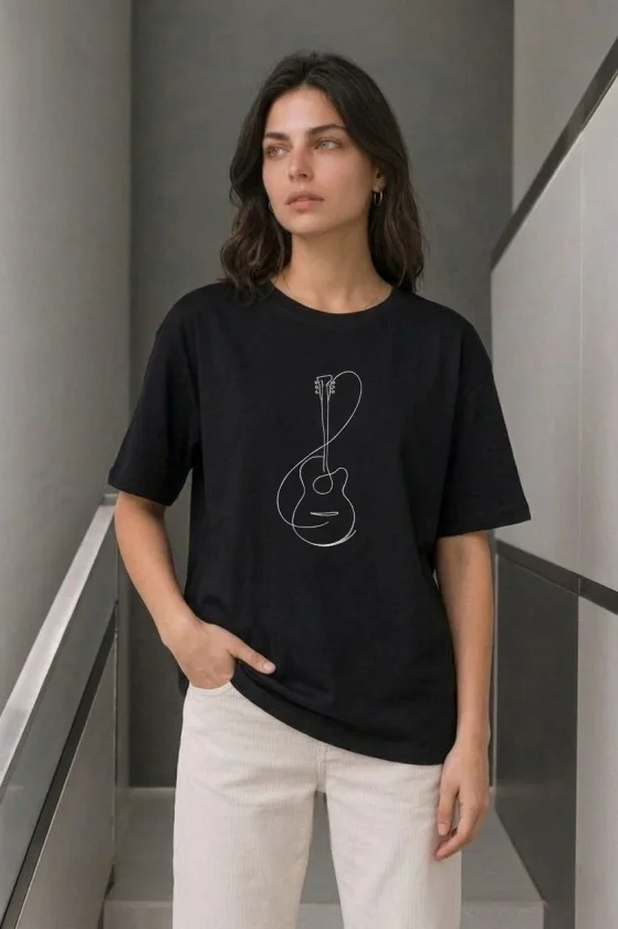 Minimal Gitar Baskılı Tişört T-Shirt Yazlık Kısa Kol Bisiklet Yaka T-Shirt
