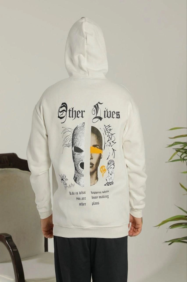 Oversize Üç İplik Şardonlu Kapüşonlu Sweatshirt – Beyaz “Other Lives” Ön Ve Arka Baskılı, Kanguru Cepli, Ribanalı Rahat Kışlık Model Beyaz