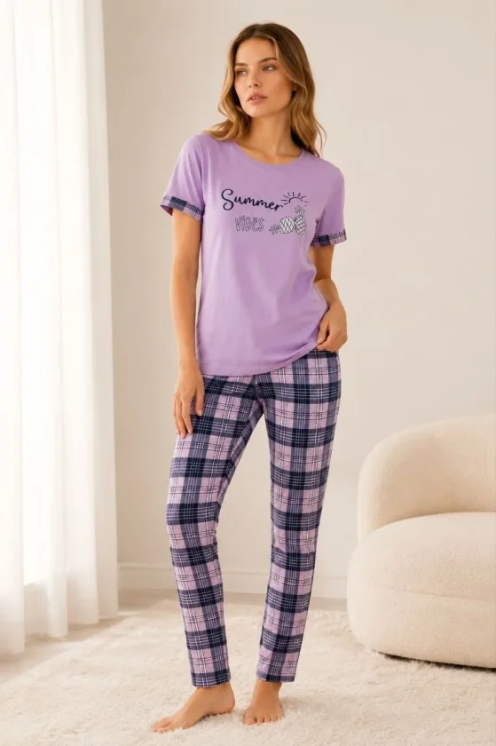 Pamuklu Penye Summer Baskılı Kısa Kollu Pijama Takımı Bisiklet Yaka Ekose Desenli