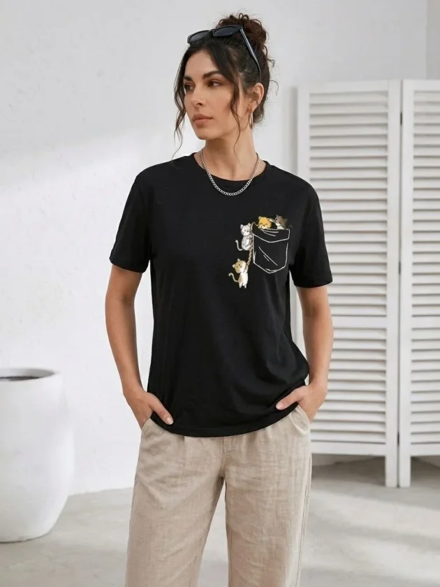 Sevimli Kedi Cep Baskılı Tişört Kısa Kol Yazlık T-Shirt