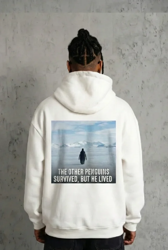Siyah Oversize Hoodie - Sırt Baskılı Survivor Penguin Temalı, Felsefi Yazılı Kapüşonlu Sweatshirt