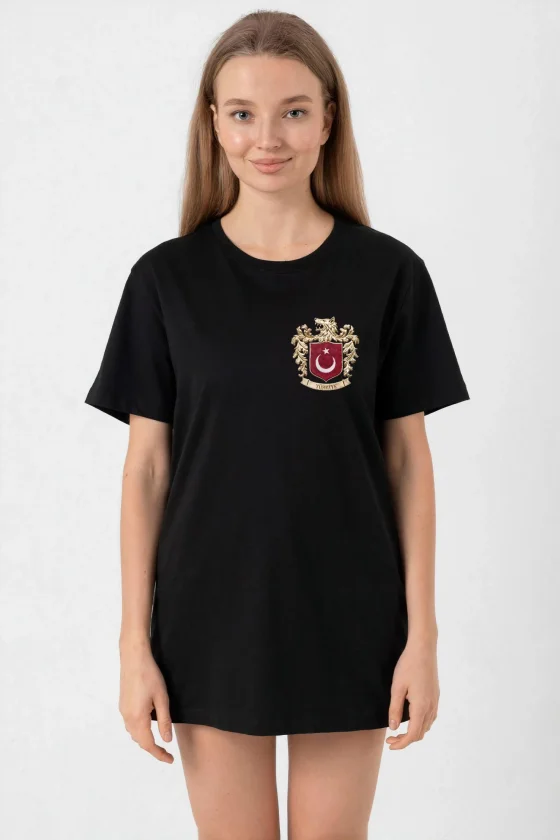 Türk Arma Baskılı Oversize Bisiklet Yaka Günlük T-shirt
