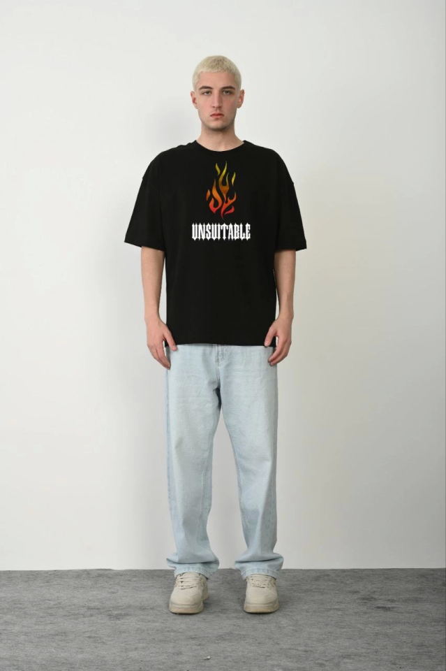 Unisex Bisiklet Yaka Baskılı Oversize T-Shirt - Siyah