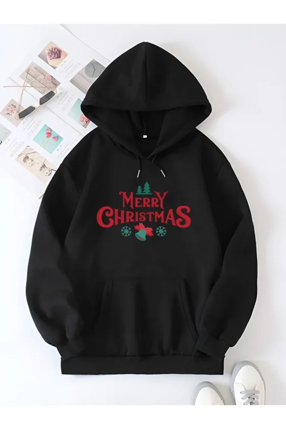 Yılbaşı Merry Christmas Baskılı Oversize Kapüşonlu Sweatshirt Hoodie